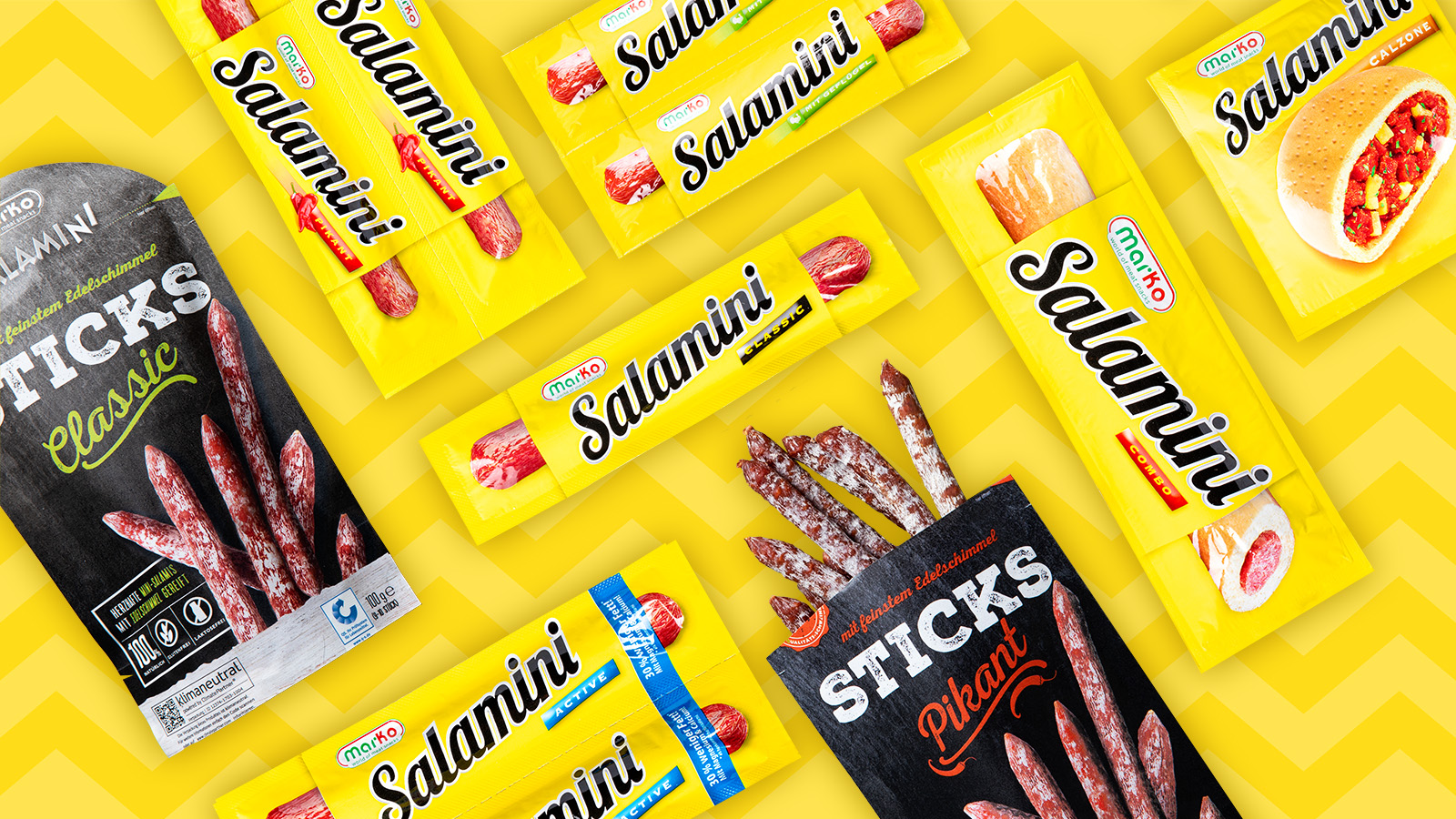 Die herzhafte Snack-Produktwelt von Salamini: Classic, Pikant, Active, mit Geflügel, Combo, Calzone, Sticks